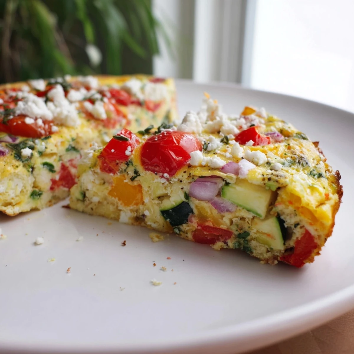 This delicious Veggie Frittata shows off vibrant vegetables baked to golden perfection, ready to eat.