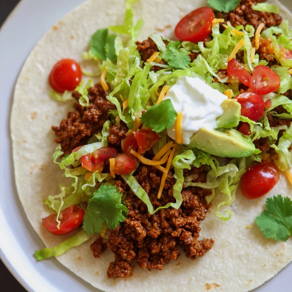 Steaming, flavorful Spicy Beef Tacos overflowing with seasoned ground beef and colorful toppings, ready to eat.