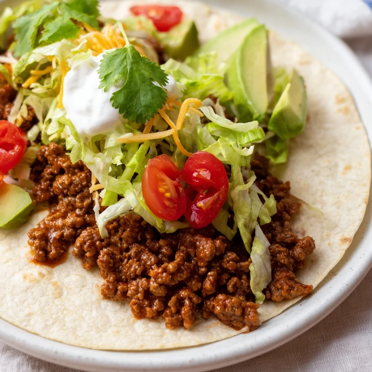 Freshly assembled Spicy Beef Tacos with a creamy avocado topping, perfect for a spicy, satisfying meal.