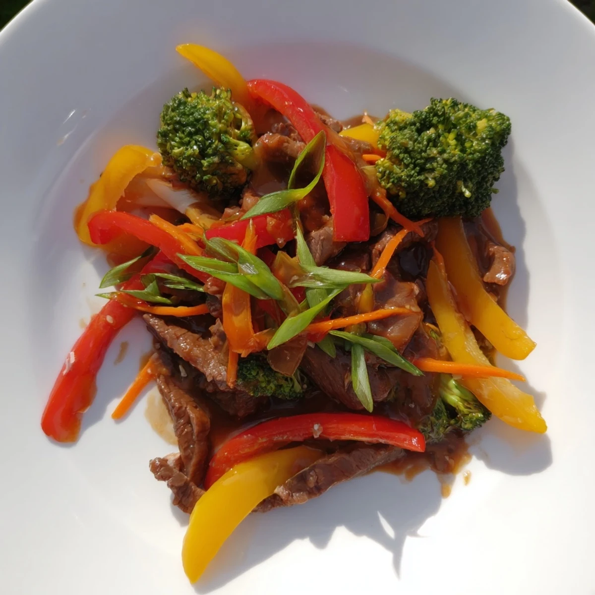 Freshly made beef stir fry, ready to eat alongside fluffy steamed rice for dinner.