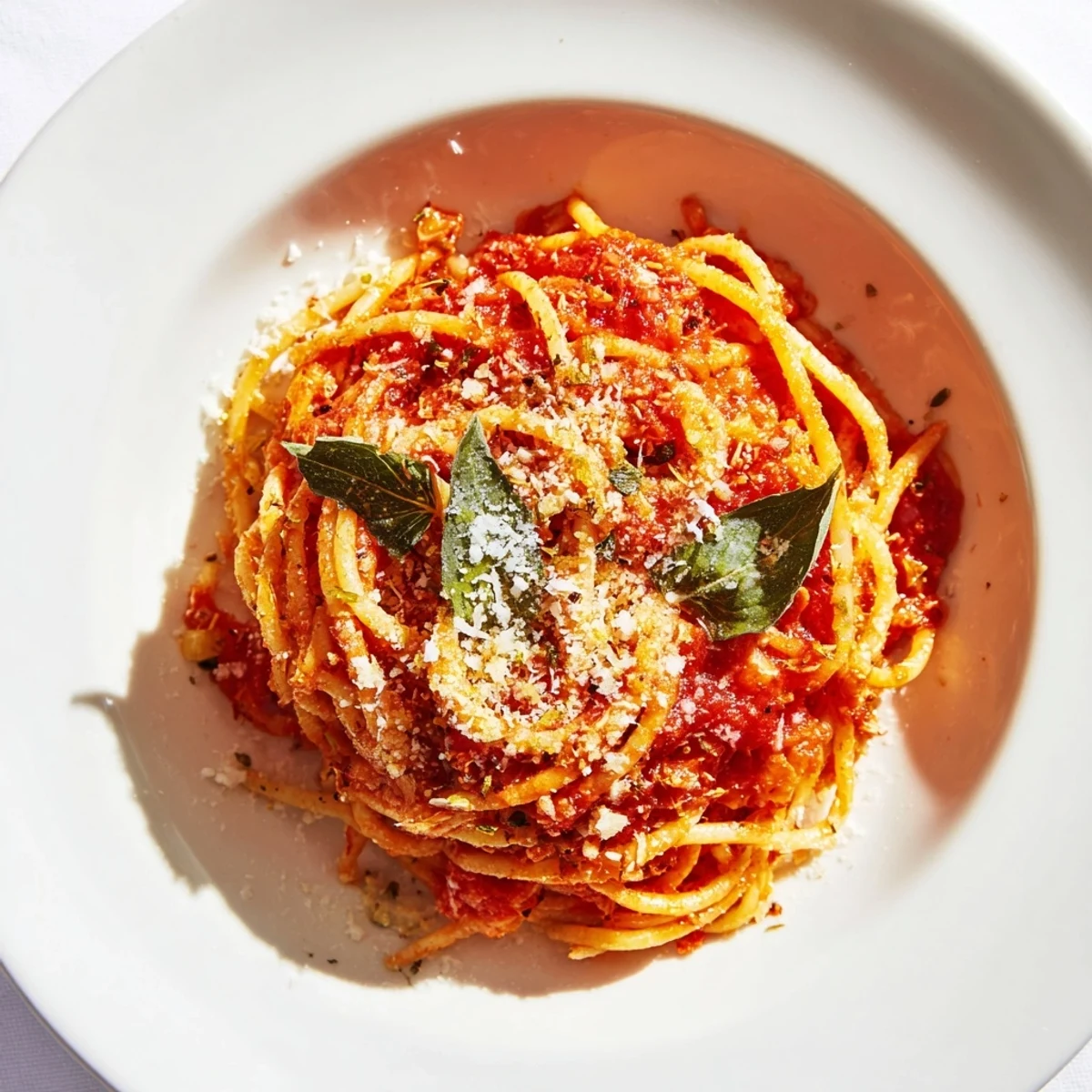 Steaming Tomato Pasta, garnished with fresh basil and Parmesan, offers a flavorful Italian dinner.