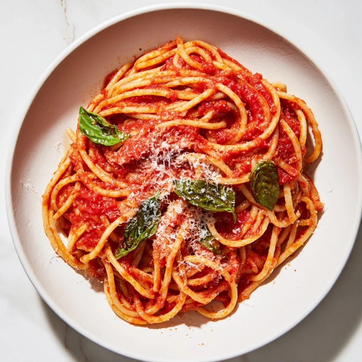 A bowl of rich, red Tomato Pasta with perfectly cooked spaghetti, ready to be enjoyed.