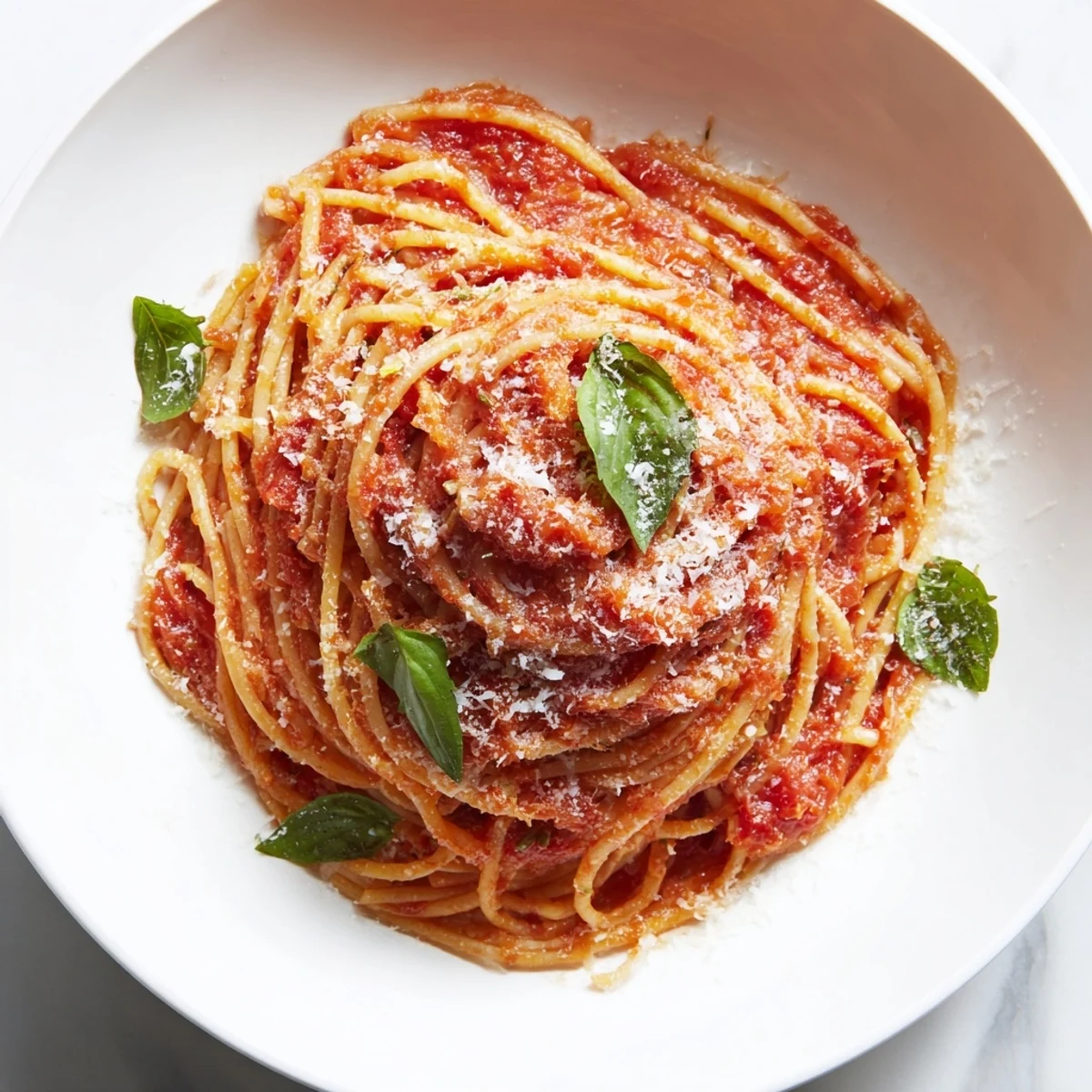 Close-up of freshly plated Tomato Pasta, showcasing the vibrant tomato sauce glistening on pasta.