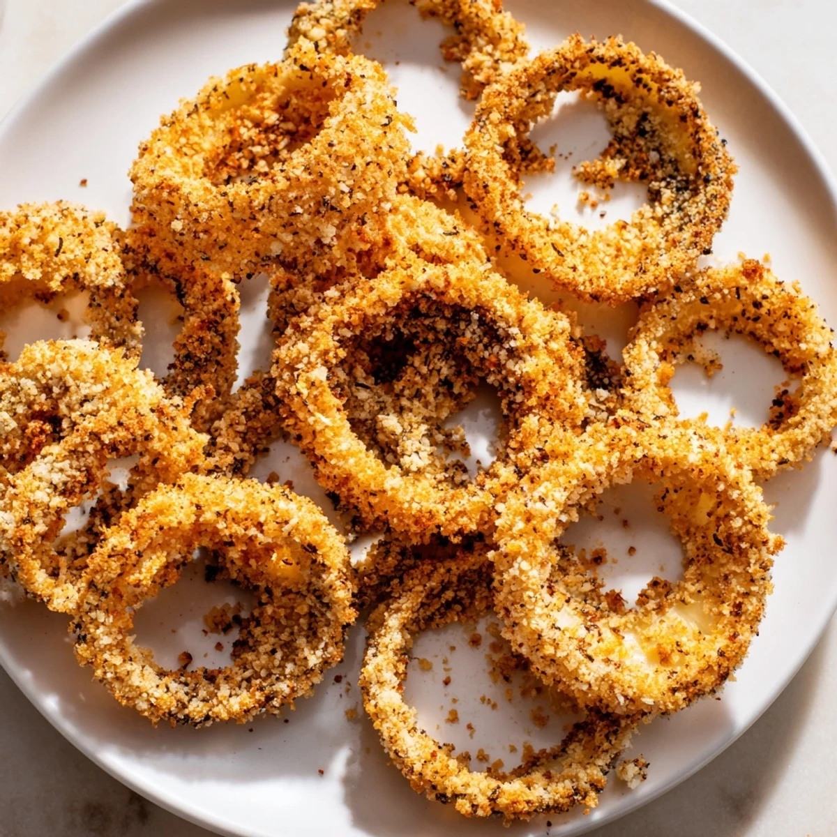 Golden, crispy baked onion rings piled high, ready to dip in creamy ranch, a perfect side.