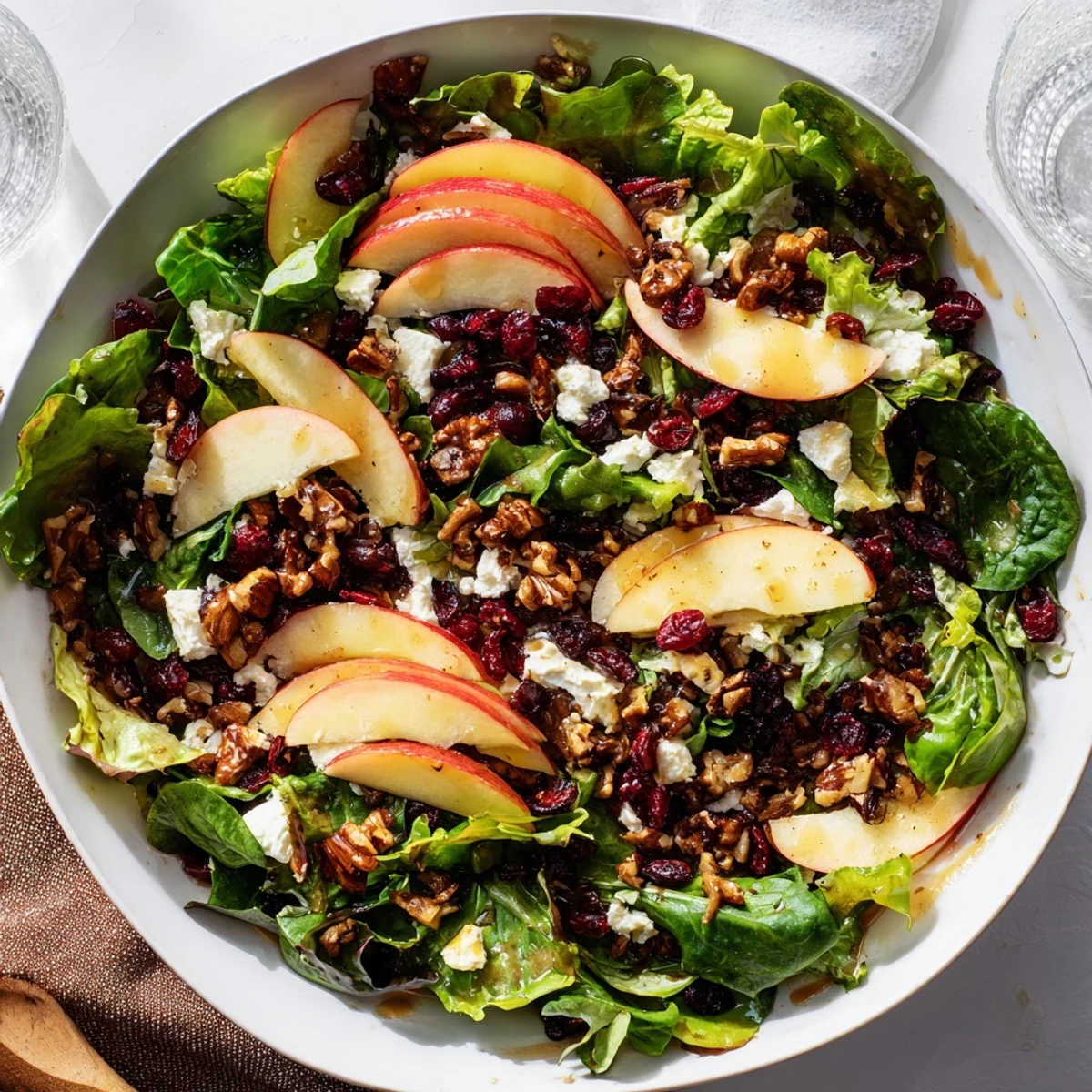 Close-up of a delightful walnut salad, showcasing the crunchy walnuts and fresh apple slices.
