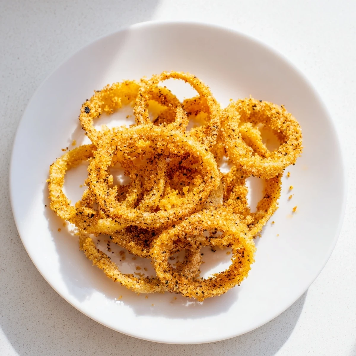 Image shows a pile of freshly fried onion crisps, with visible texture and appealing color.