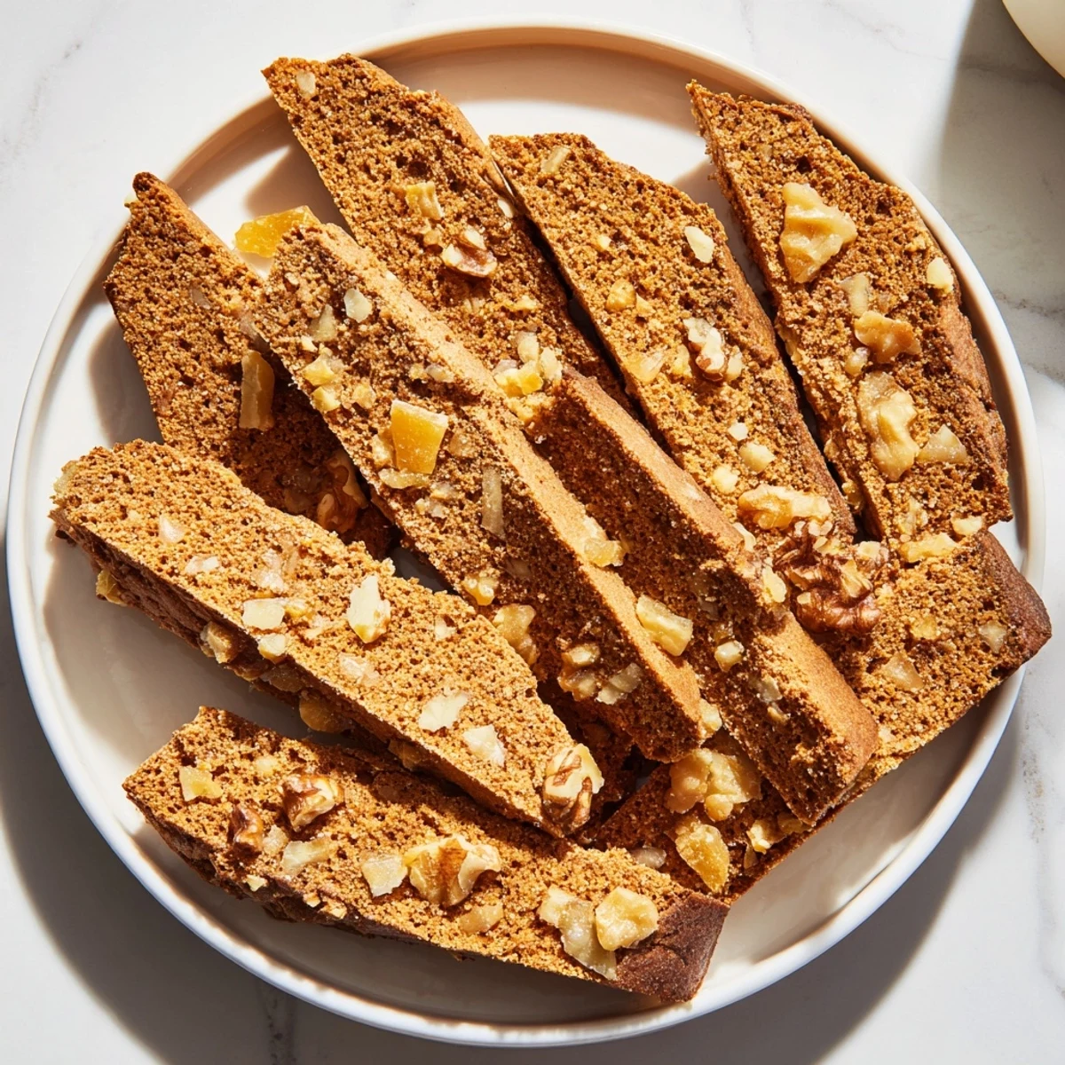 Warm, spiced Biscotti Gingerbread, golden brown and crunchy, ready for dipping in coffee.