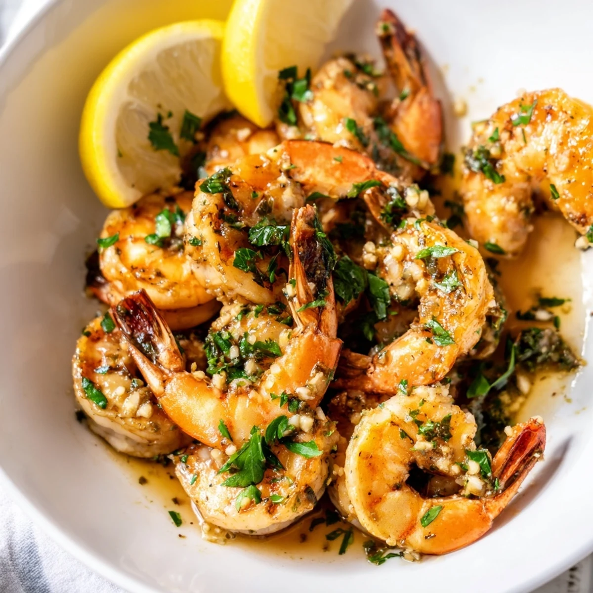 Golden, glistening Shrimp Garlic dish served with fresh parsley and lemon wedges.