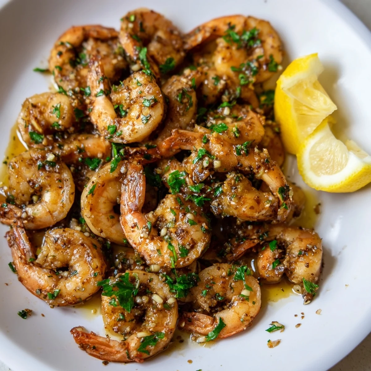 Close-up of savory Shrimp Garlic, sizzling in a pan with garlic and a pat of butter.