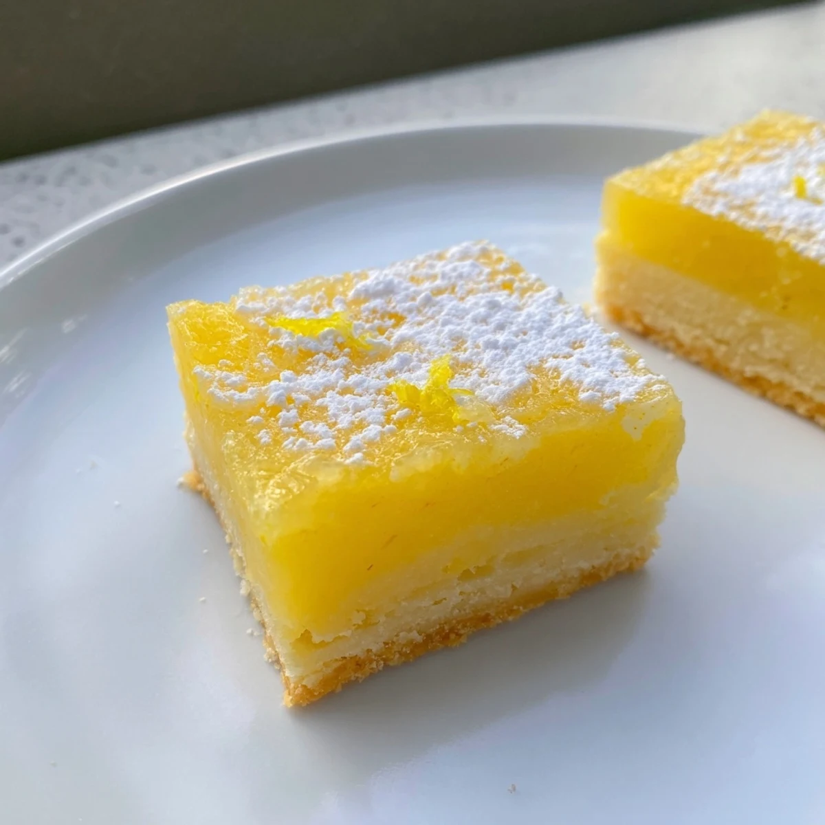 Golden, flaky lemon bars dusted with powdered sugar, ready to enjoy as a sweet treat.
