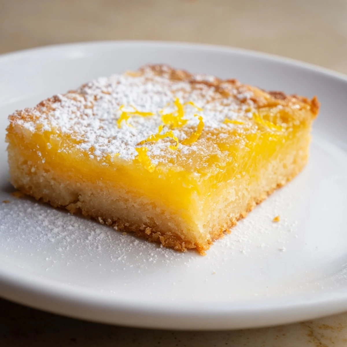 A close-up of bright, sunny lemon bars with a perfectly set, tangy lemon filling.