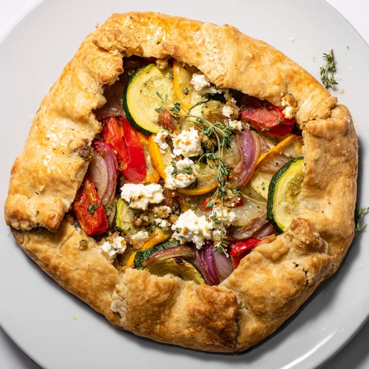A flaky Savory Galette with a colorful array of roasted vegetables and creamy goat cheese.
