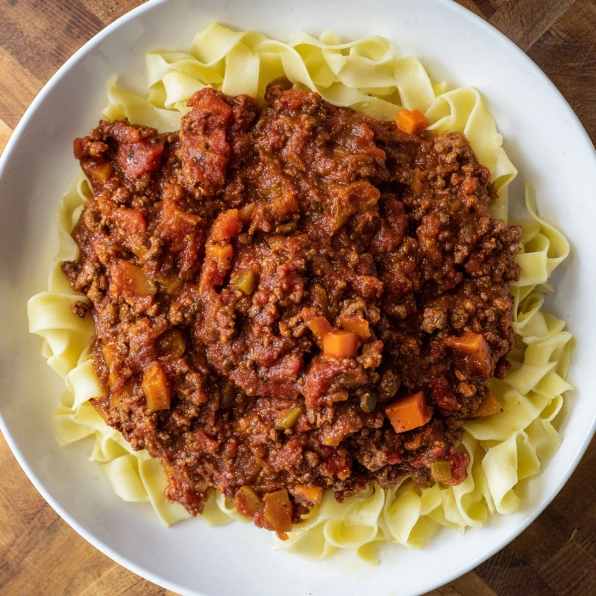 Steaming bowl of Bolognese Beef with rustic pasta, savor the rich aroma of this hearty Italian dish.