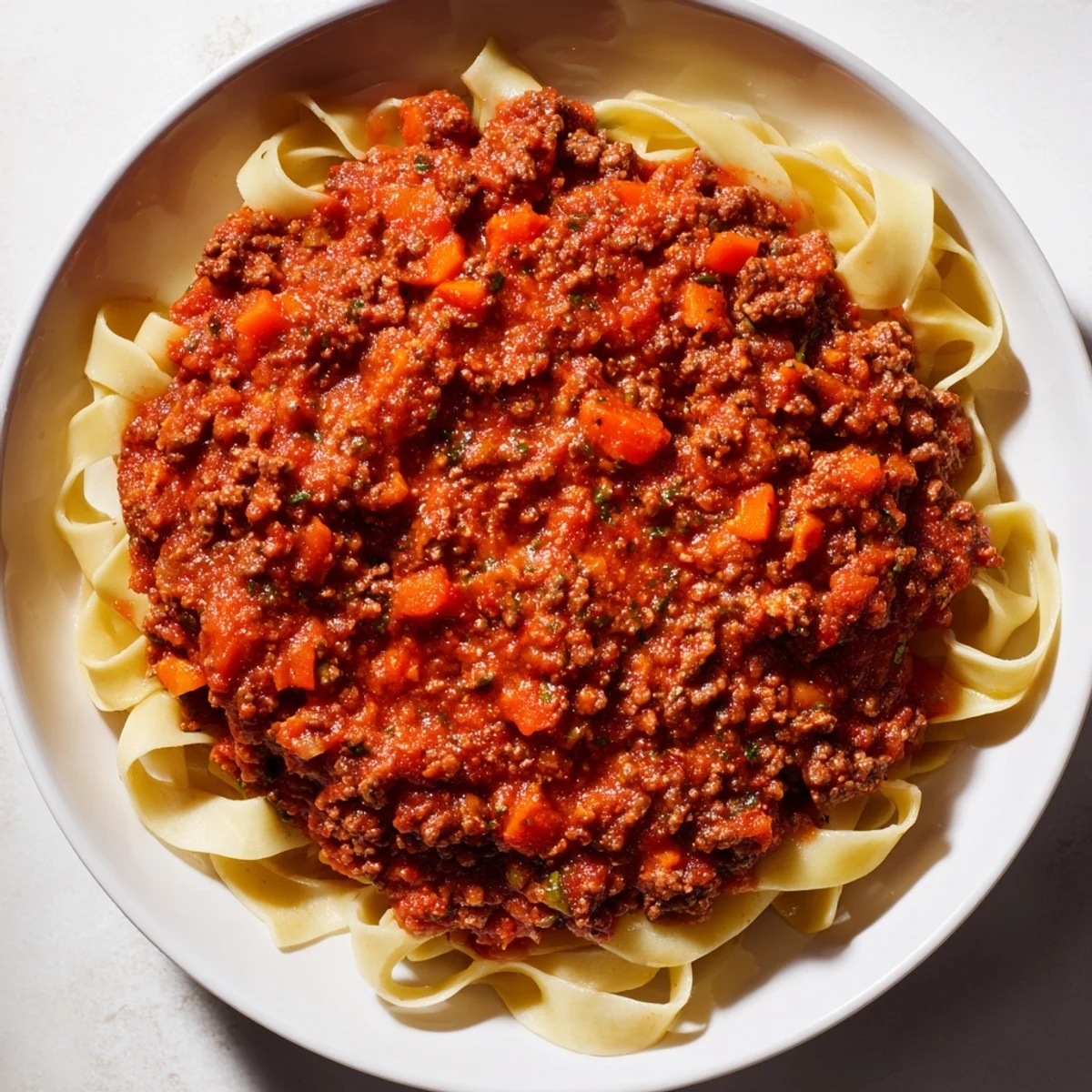 A close-up of Bolognese Beef, showcasing the deep red color and savory texture, ready to be served.