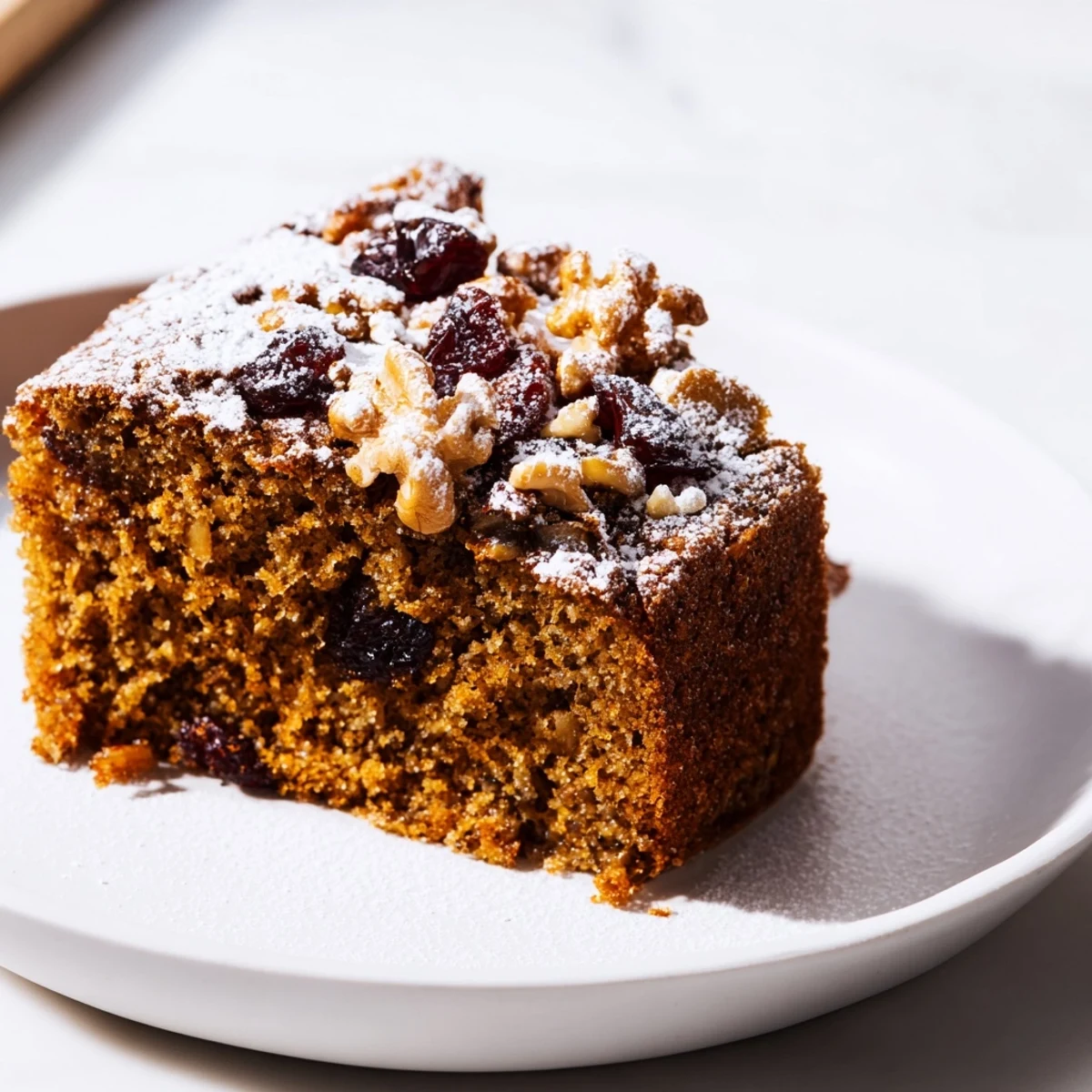 Warm, inviting photo: delicious slice of Spiced Cake with a dusting of powdered sugar.