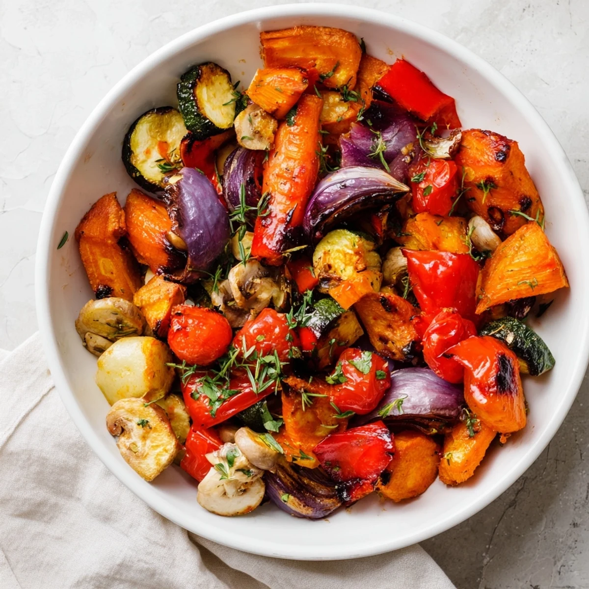 Oven-roasted Vegetable Medley: Colorful, tender vegetables drizzled in olive oil, ready to serve as a side.