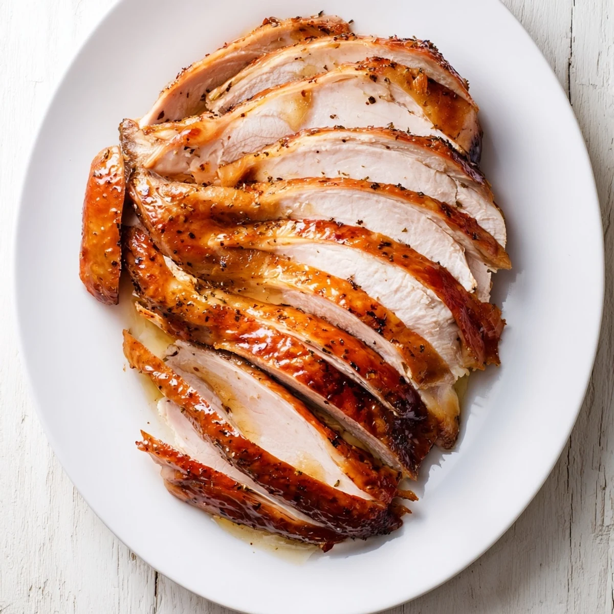 Golden-brown Glazed Ham-Free Turkey Roast, glistening with a rich glaze, ready to be sliced and served.