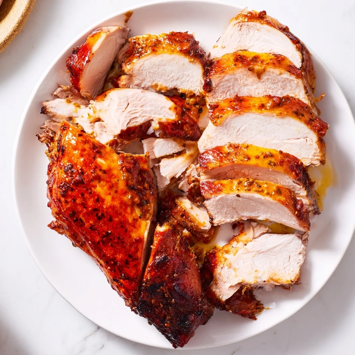 A glistening, juicy Glazed Ham-Free Turkey Roast resting before carving, offering delicious, tender slices.