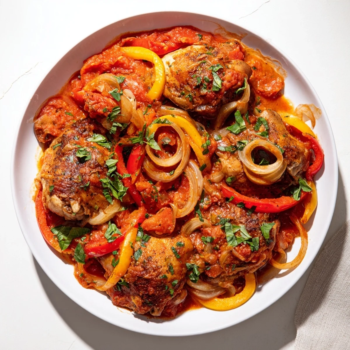 Tender Slow Cooked Chicken Cacciatore with vibrant vegetables and rich, savory sauce.
