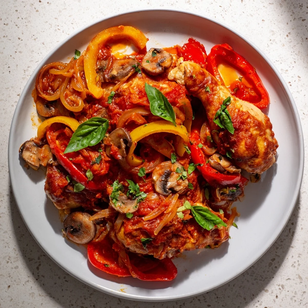 Enjoy a steaming bowl of delicious Slow Cooked Chicken Cacciatore, perfect for a comfort meal.