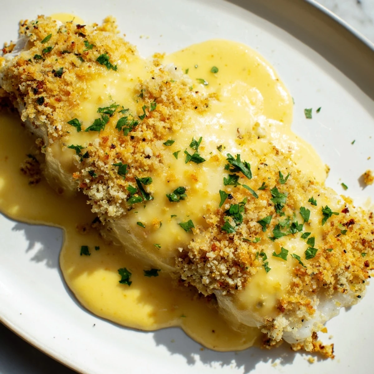 Aromatic baked haddock with melted cheese, glistening breadcrumbs, and a hint of fresh parsley.