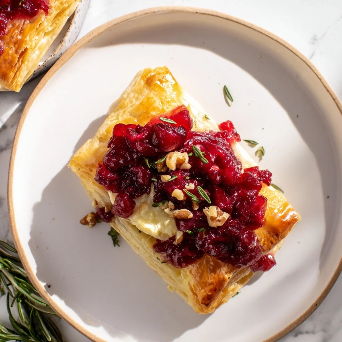 Oven-baked Cranberry and Brie Puff Pastry, showcasing a festive dish with cranberry jewels and melted Brie.