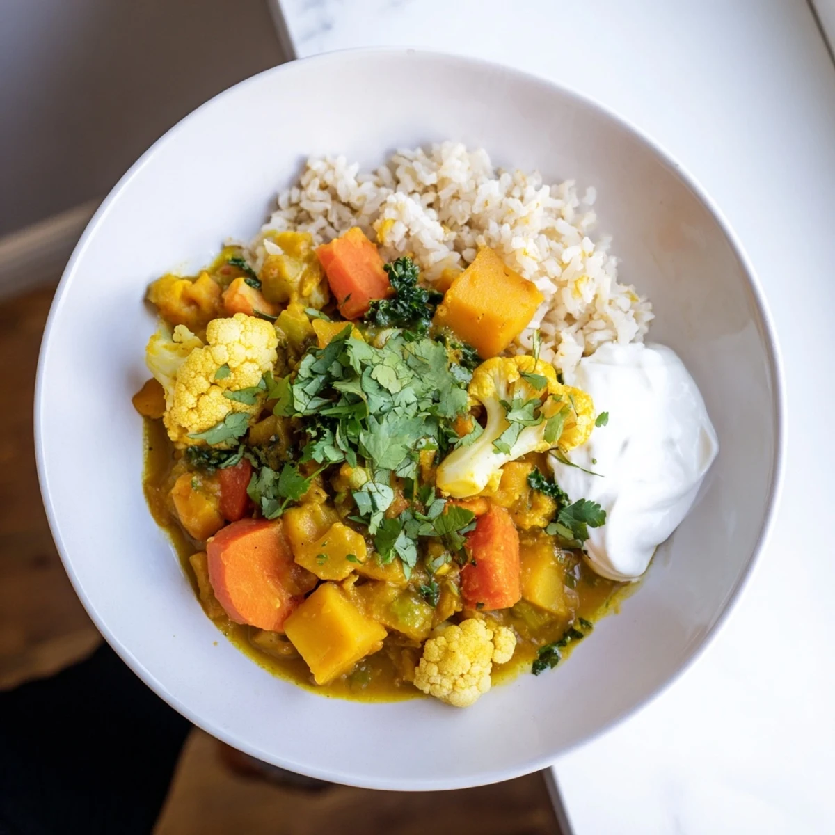 Steaming Winter Vegetable Curry, vibrant and colorful with a side of fluffy basmati rice, ready to enjoy.