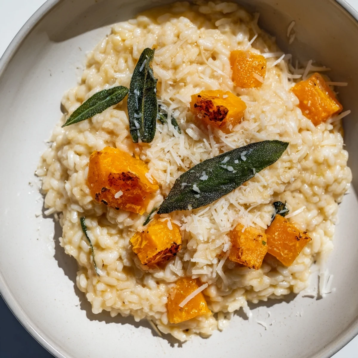 A close-up of Roasted Pumpkin and Sage Risotto, garnished with fresh sage leaves and grated Parmesan.