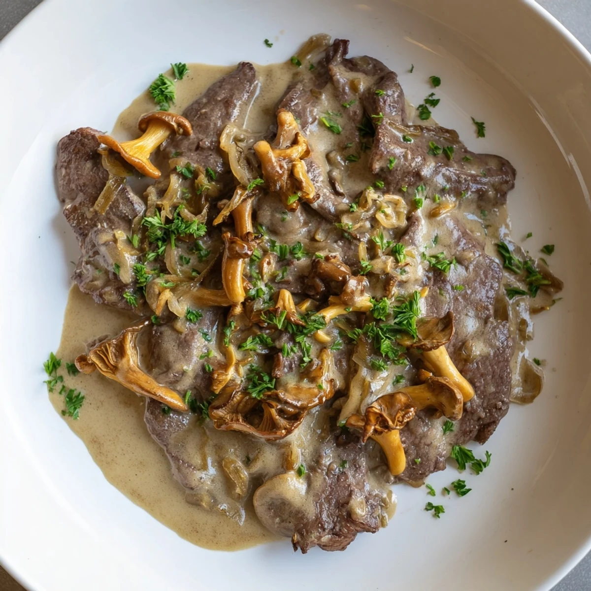 A steaming bowl of beef stroganoff featuring wild mushrooms, garnished with fresh parsley and sour cream.