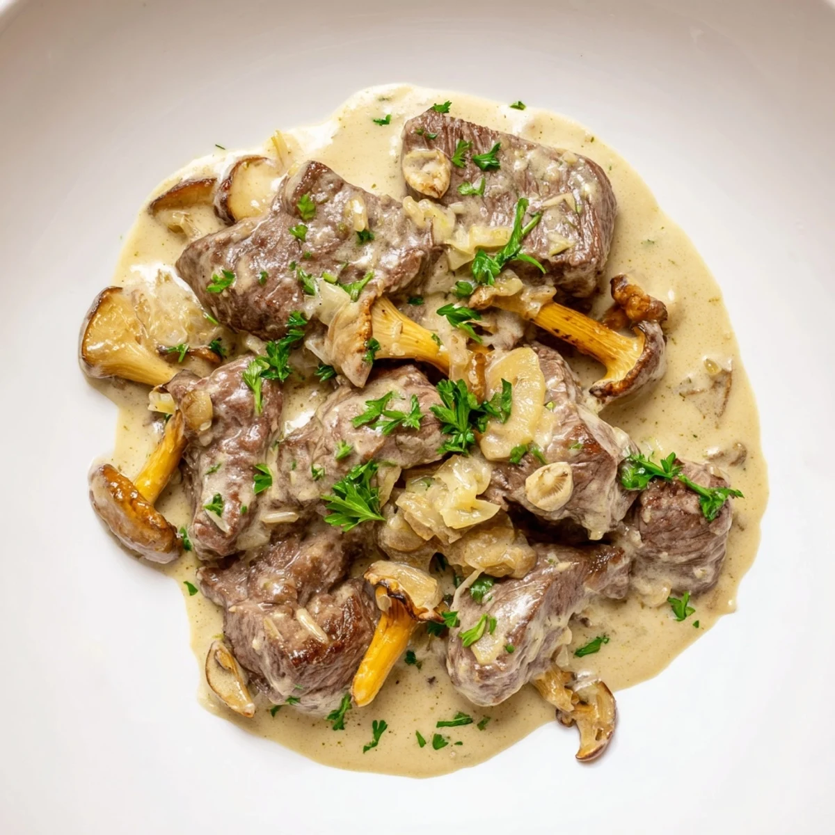 Close-up of hearty beef stroganoff, showcasing the rich sauce and flavorful mixed wild mushrooms within.