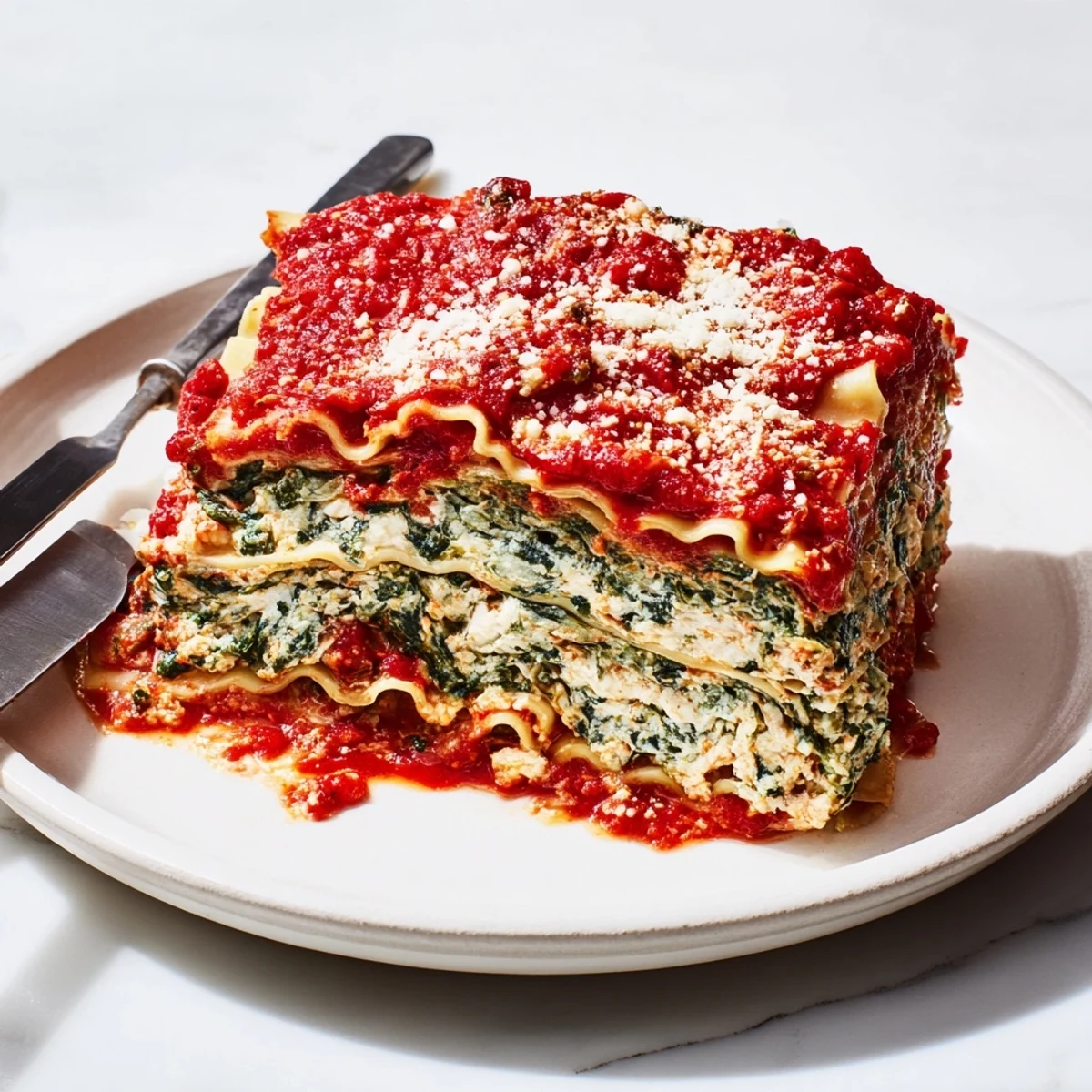 Golden brown Vegetarian Lasagna with spinach, bubbling hot from the oven, ready to serve.