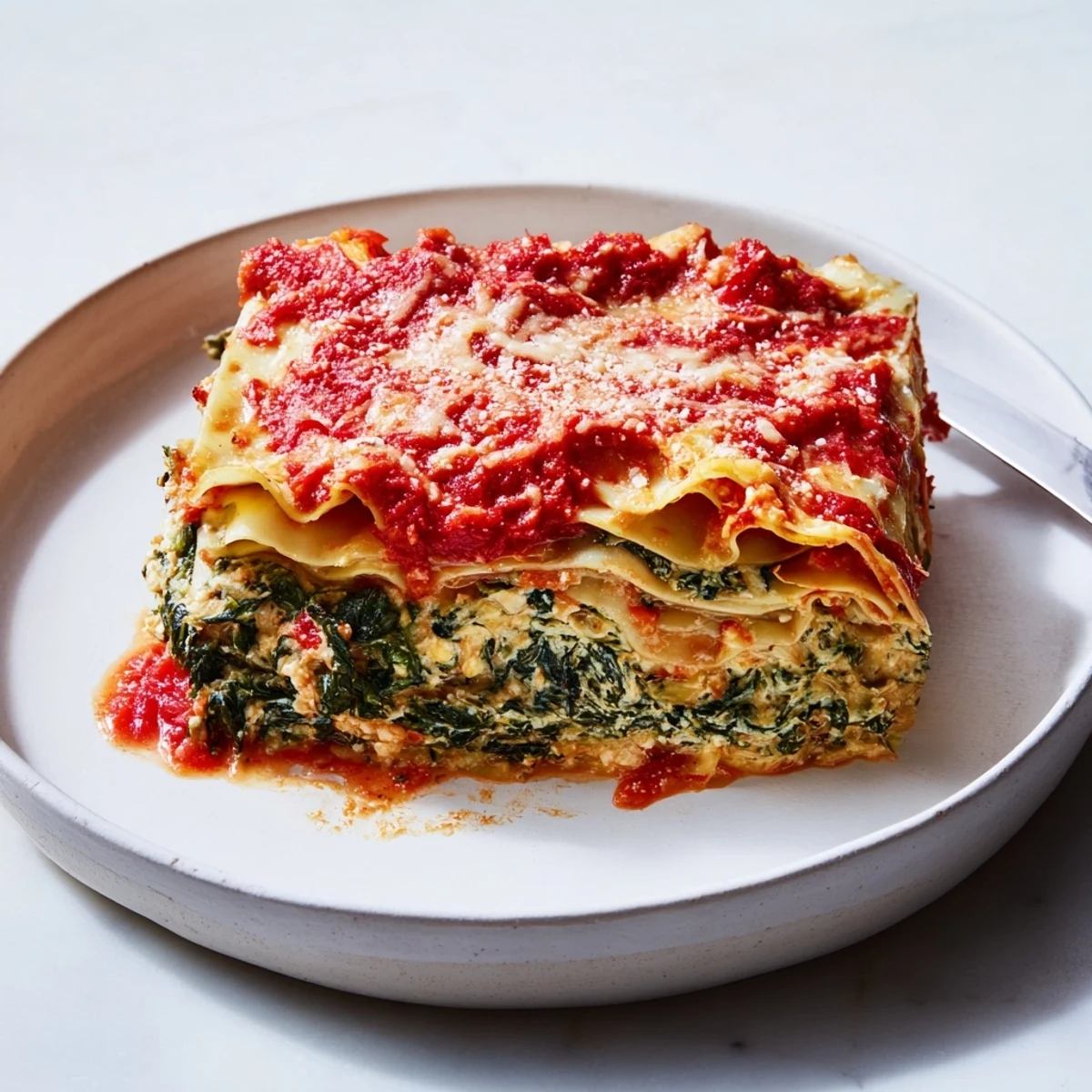 A close-up of cheesy Vegetarian Lasagna with spinach, showing layered ricotta and rich tomato sauce.