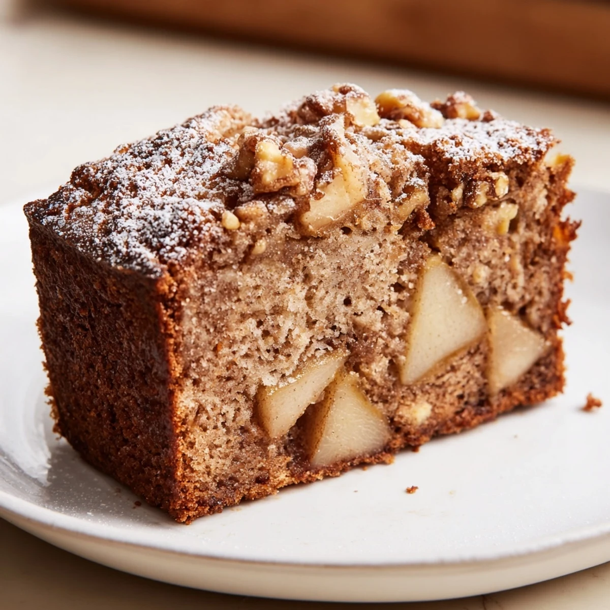 Warm, spiced Spiced Pear and Walnut Cake features visible walnut pieces and glistening baked pears.