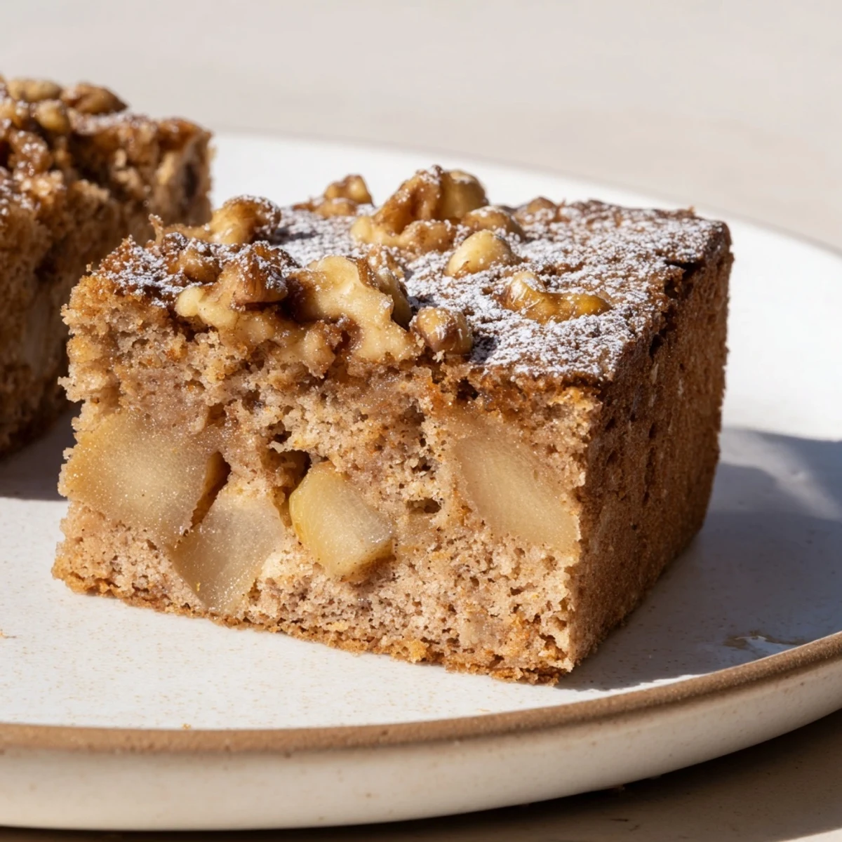 This golden-brown Spiced Pear and Walnut Cake shows off a moist crumb and inviting aroma.
