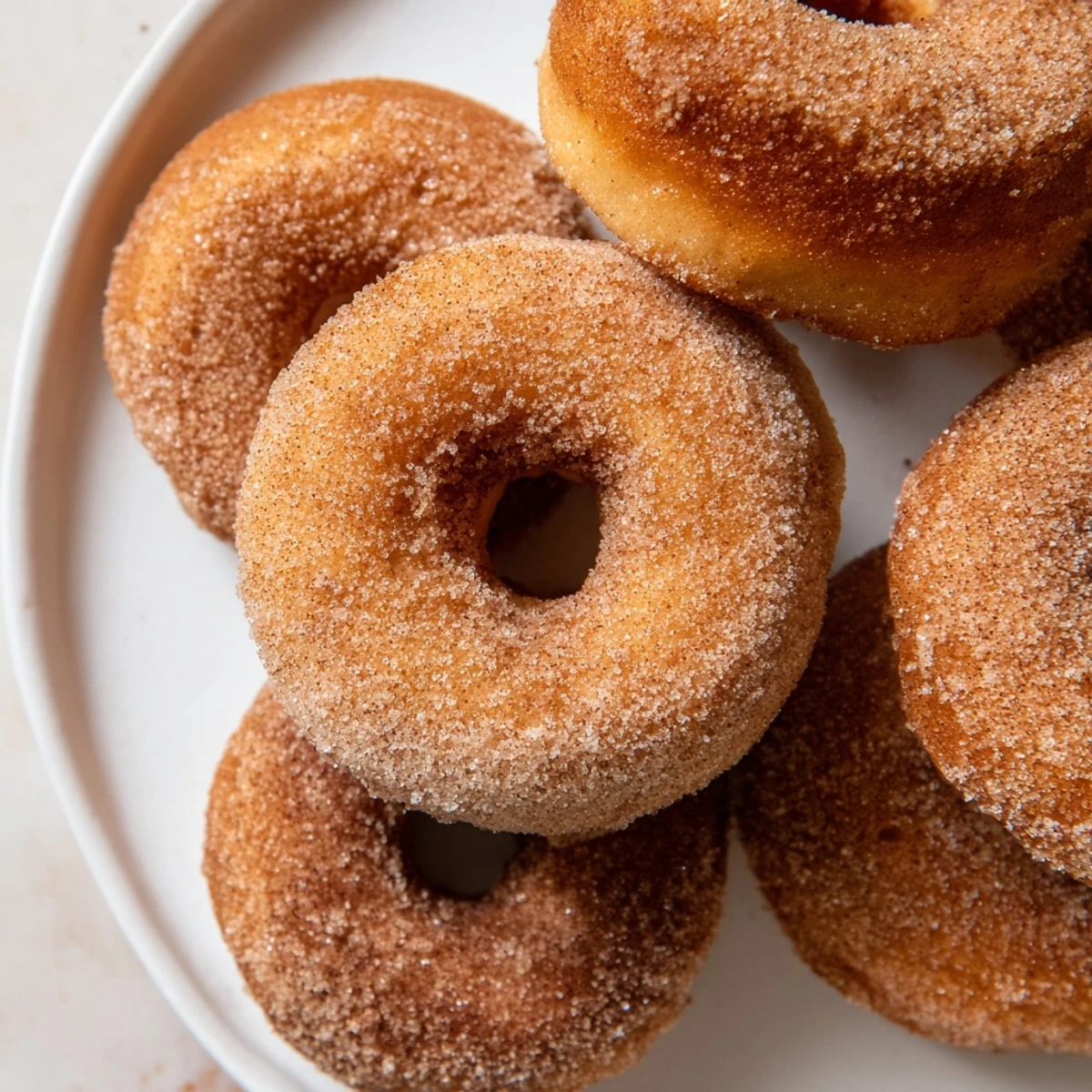 Close-up of freshly made cinnamon sugar donuts, showing the soft texture and sugary sparkle.