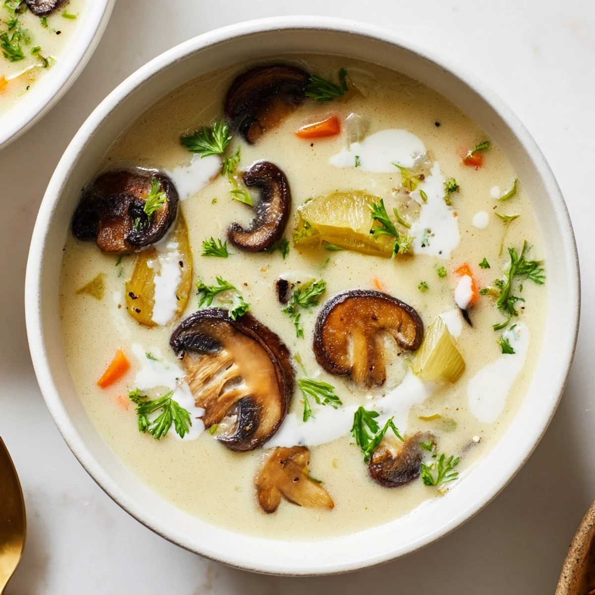 Steaming bowl of creamy mushroom and garlic soup, garnished with fresh parsley for serving.