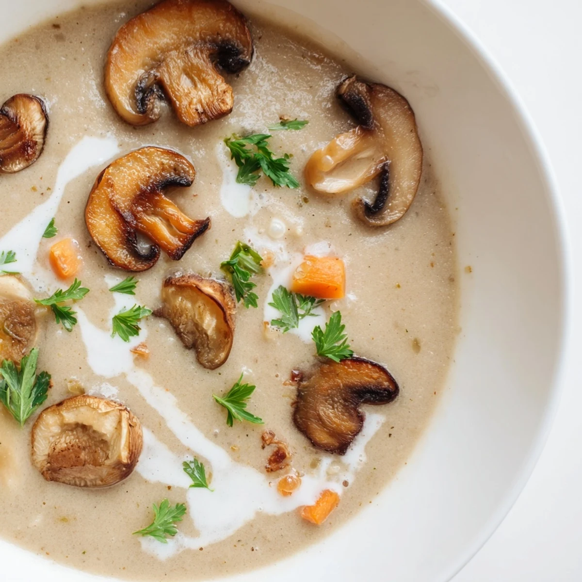 Earthy tones of a warm and rich creamy mushroom and garlic soup ready to enjoy.