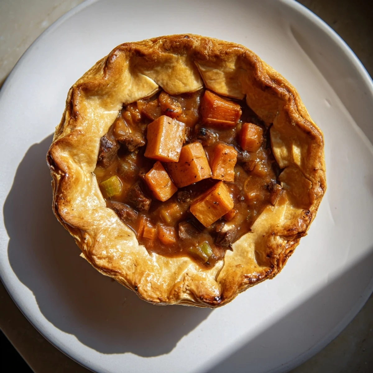 Flaky, golden crust topping a steaming Beef and Ale-Free Pie, perfect for a cozy dinner.