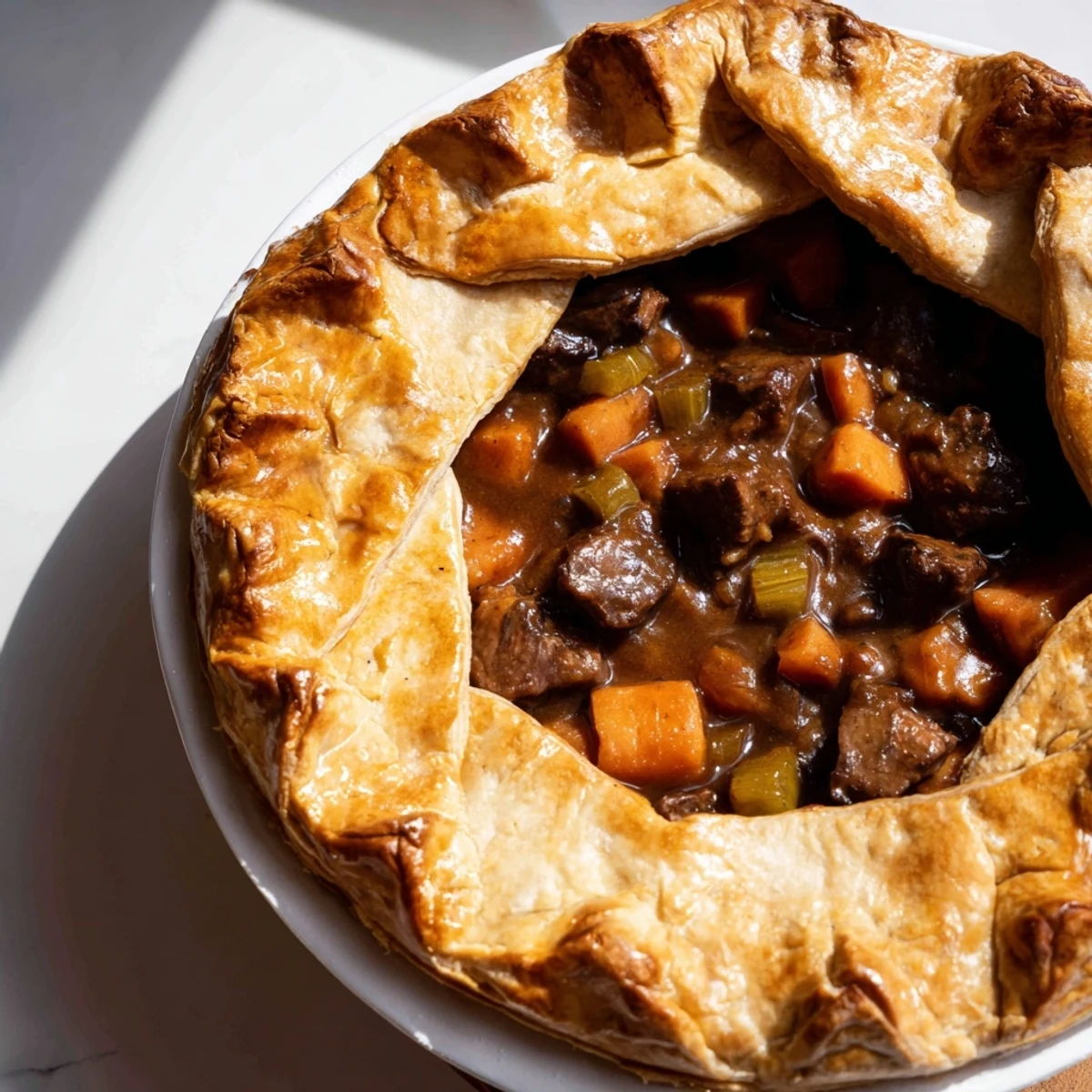 Golden-baked Beef and Ale-Free Pie, brimming with juicy beef and vegetables in rich gravy.