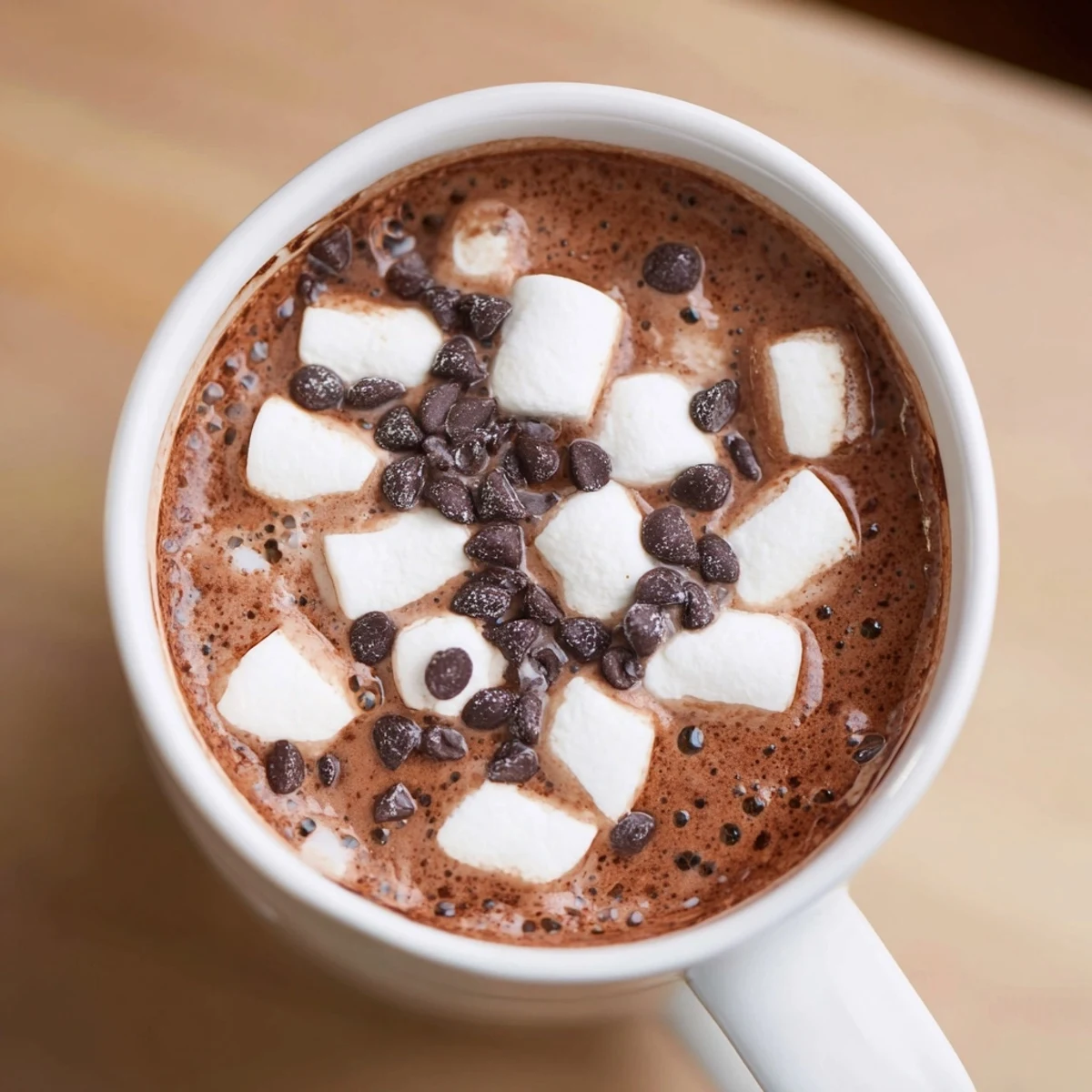 Steaming mug of peppermint hot cocoa with melting marshmallows, ready to warm you.