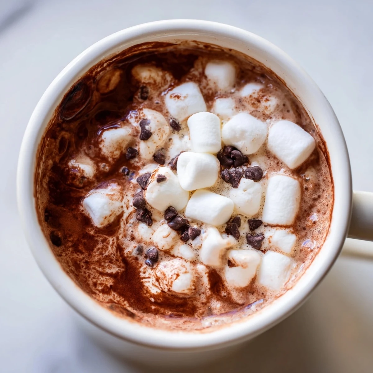 Cozy winter scene: Enjoying delicious peppermint hot cocoa with crushed peppermint topping.