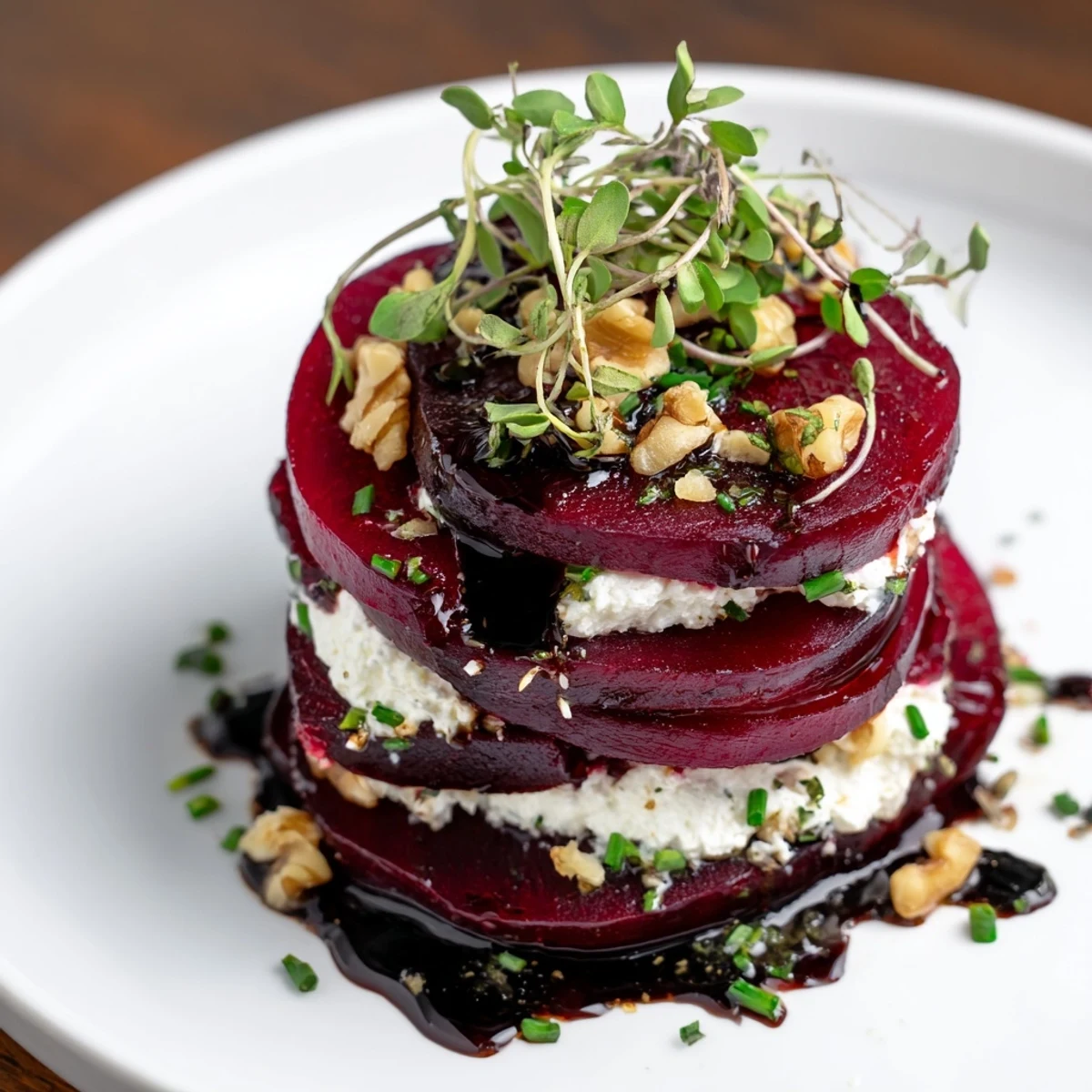 Layers of sweet roasted beets and goat cheese form a delicious Roasted Beet and Goat Cheese Stack.