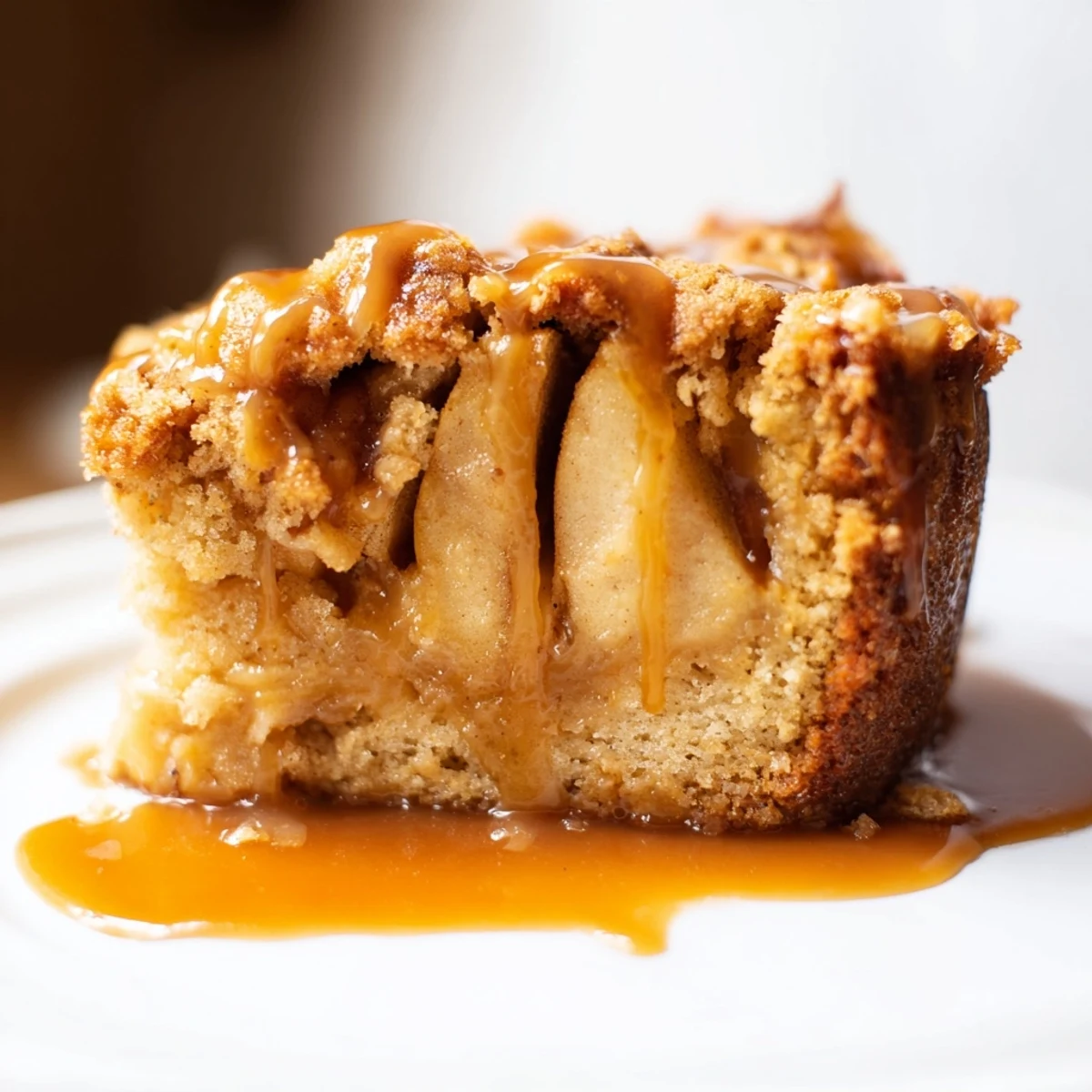 A warm slice of Sticky Toffee Apple Cake, drizzled with glistening toffee sauce, ready to serve.