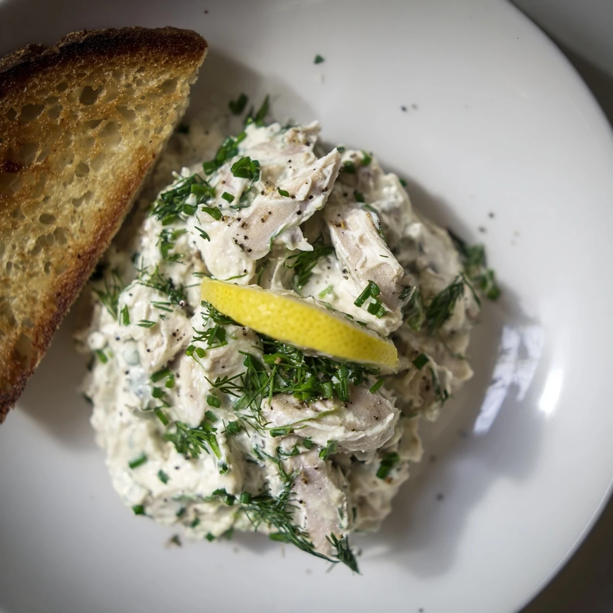 Smoked mackerel pate, a creamy delight, is served with golden, crispy toasted bread, ready to eat!