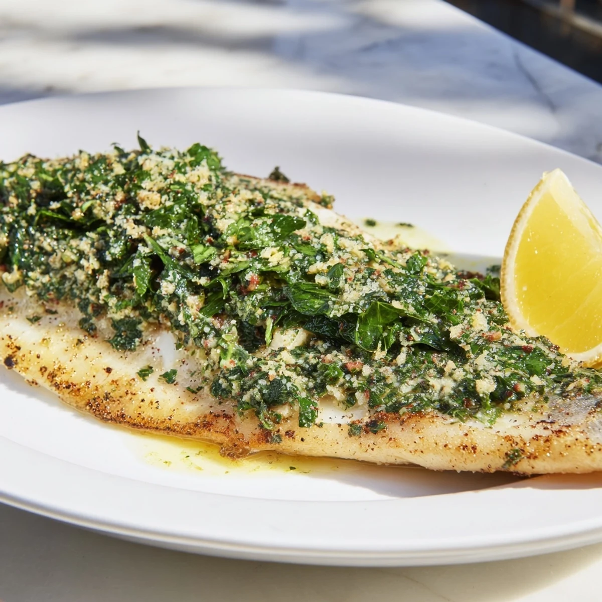 Crispy pan seared sea bass topped with a bright, herbaceous salsa verde, ready to eat.