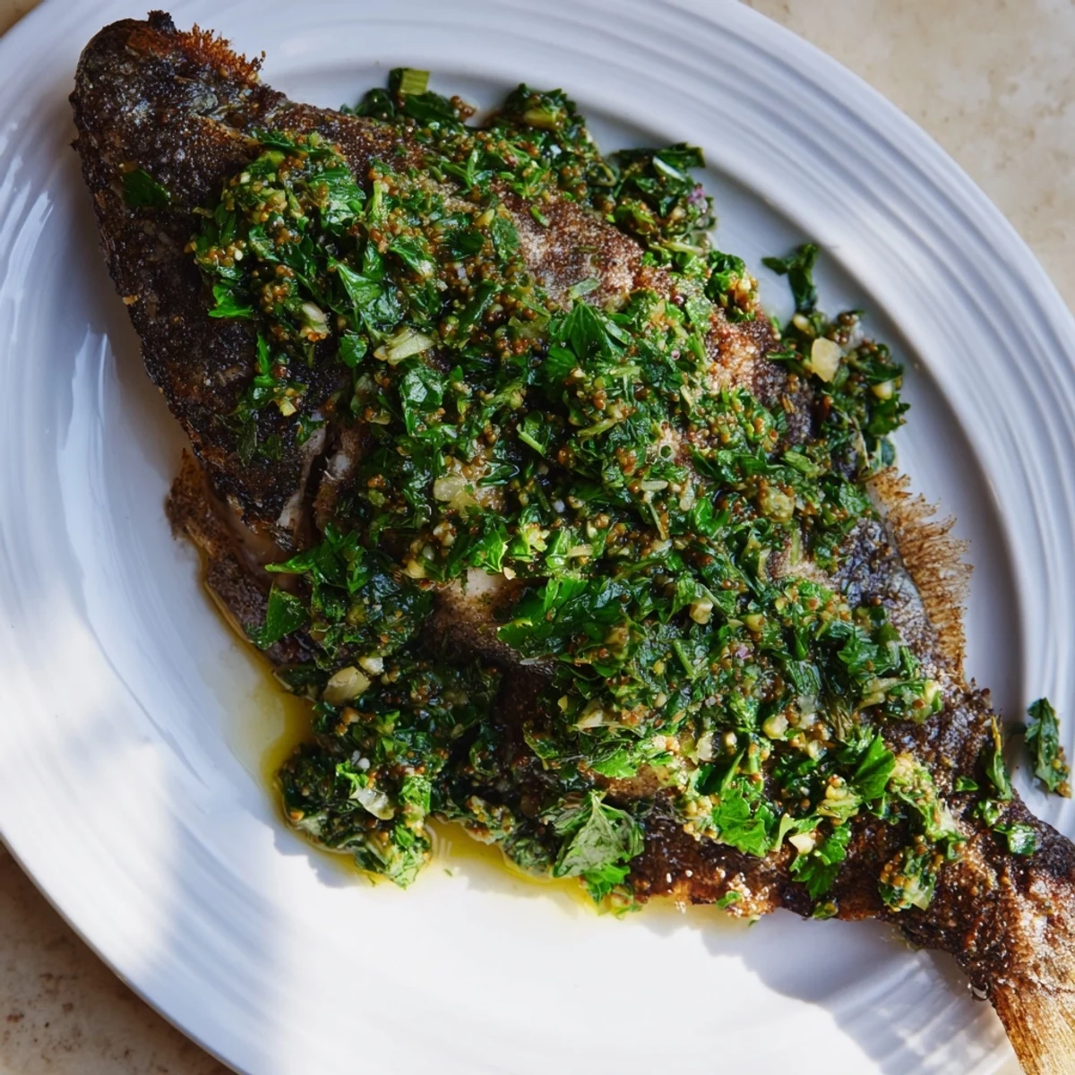Golden-skinned pan seared sea bass fillets glistening under a generous drizzle of zesty salsa verde.