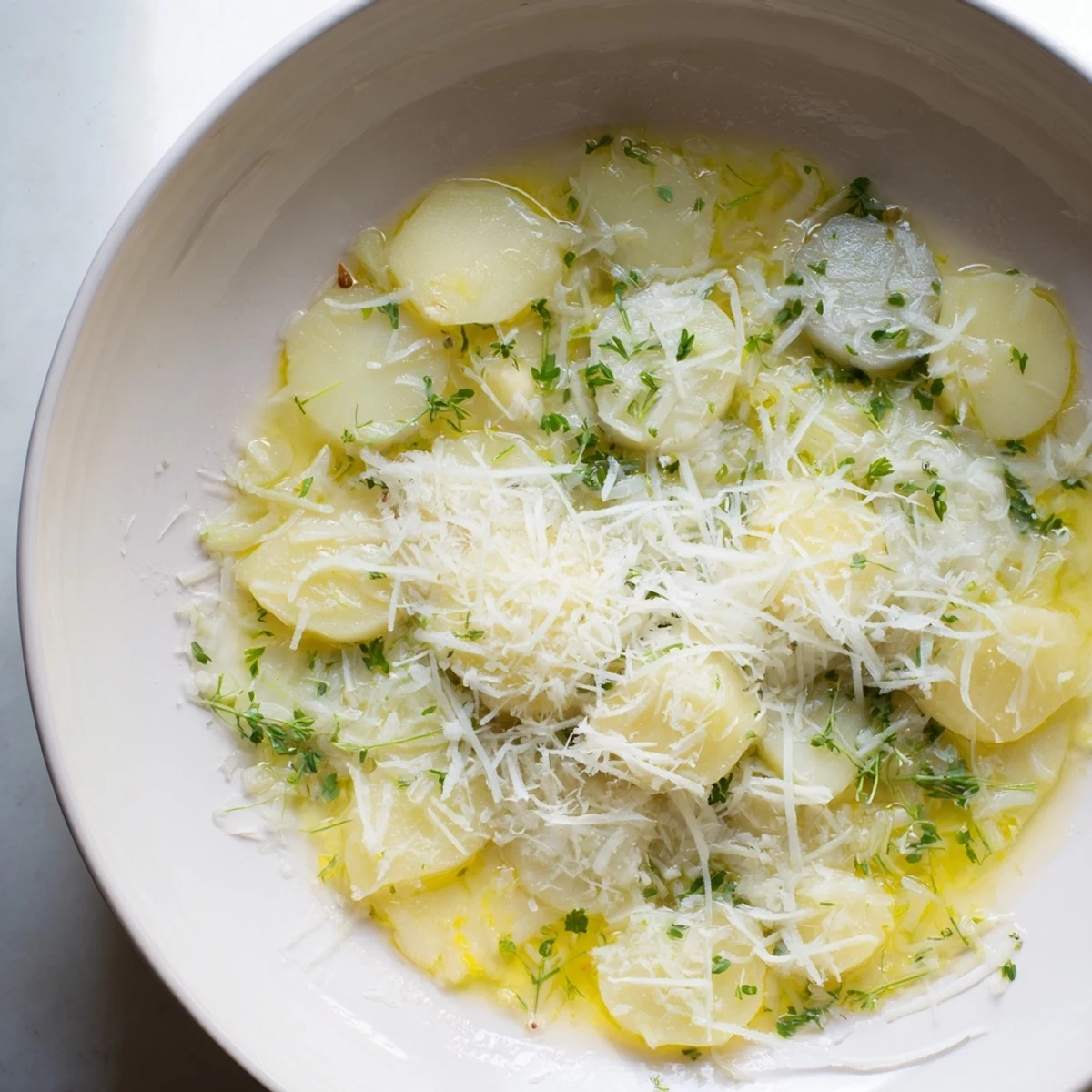 Tender braised fennel, topped with melted Parmesan, offering a savory, aromatic experience in every bite.
