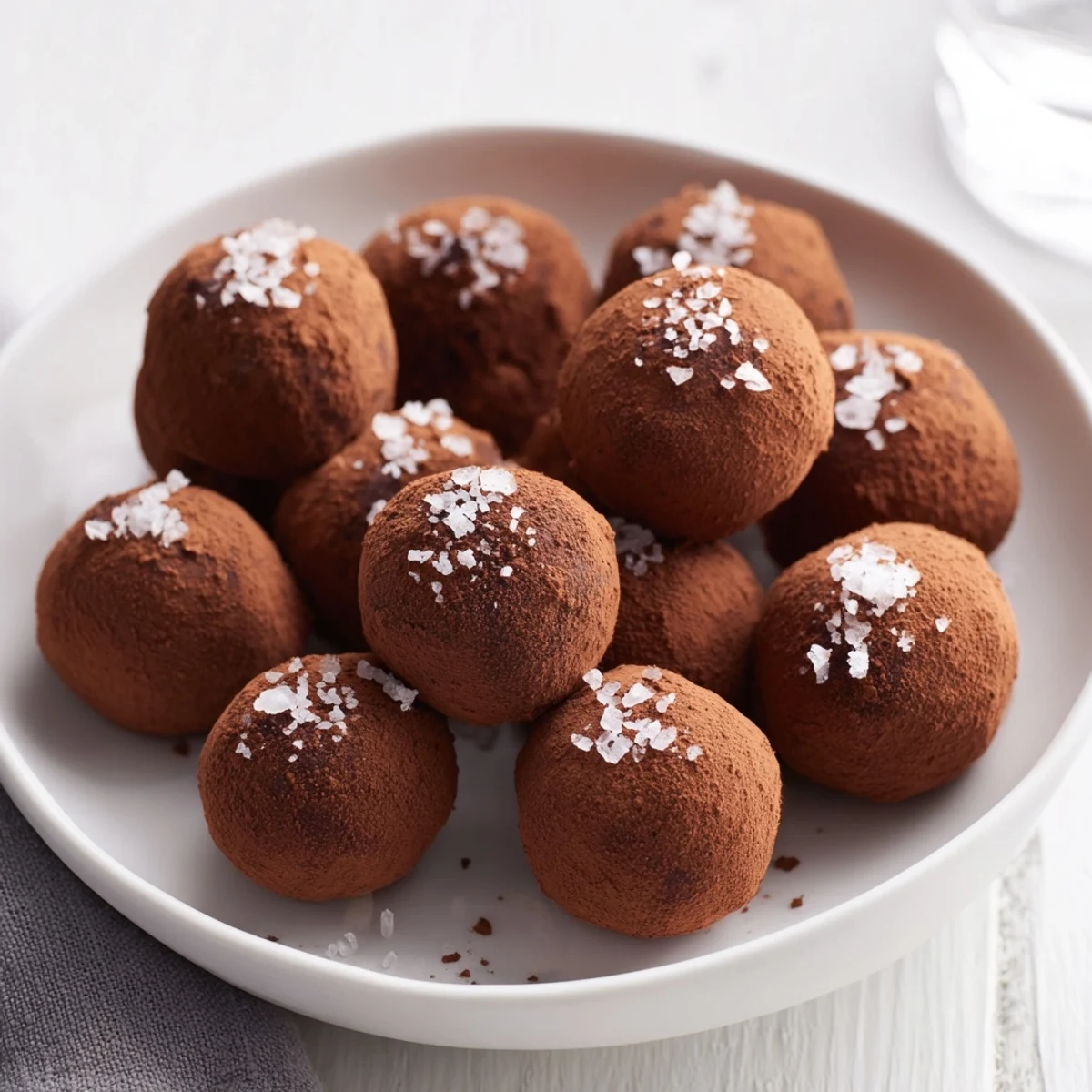 Rich dark chocolate truffles with sea salt, coated in cocoa, ready to melt in your mouth.