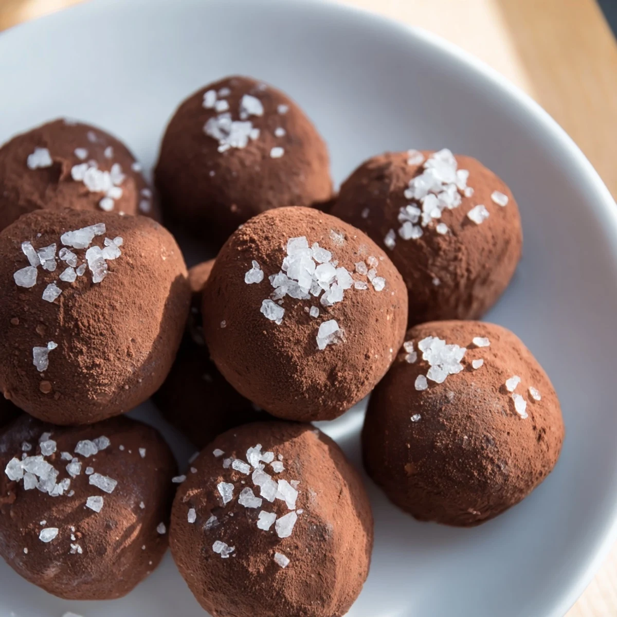 Close-up of decadent dark chocolate truffles, dusted with cocoa and sprinkled with sea salt flakes.