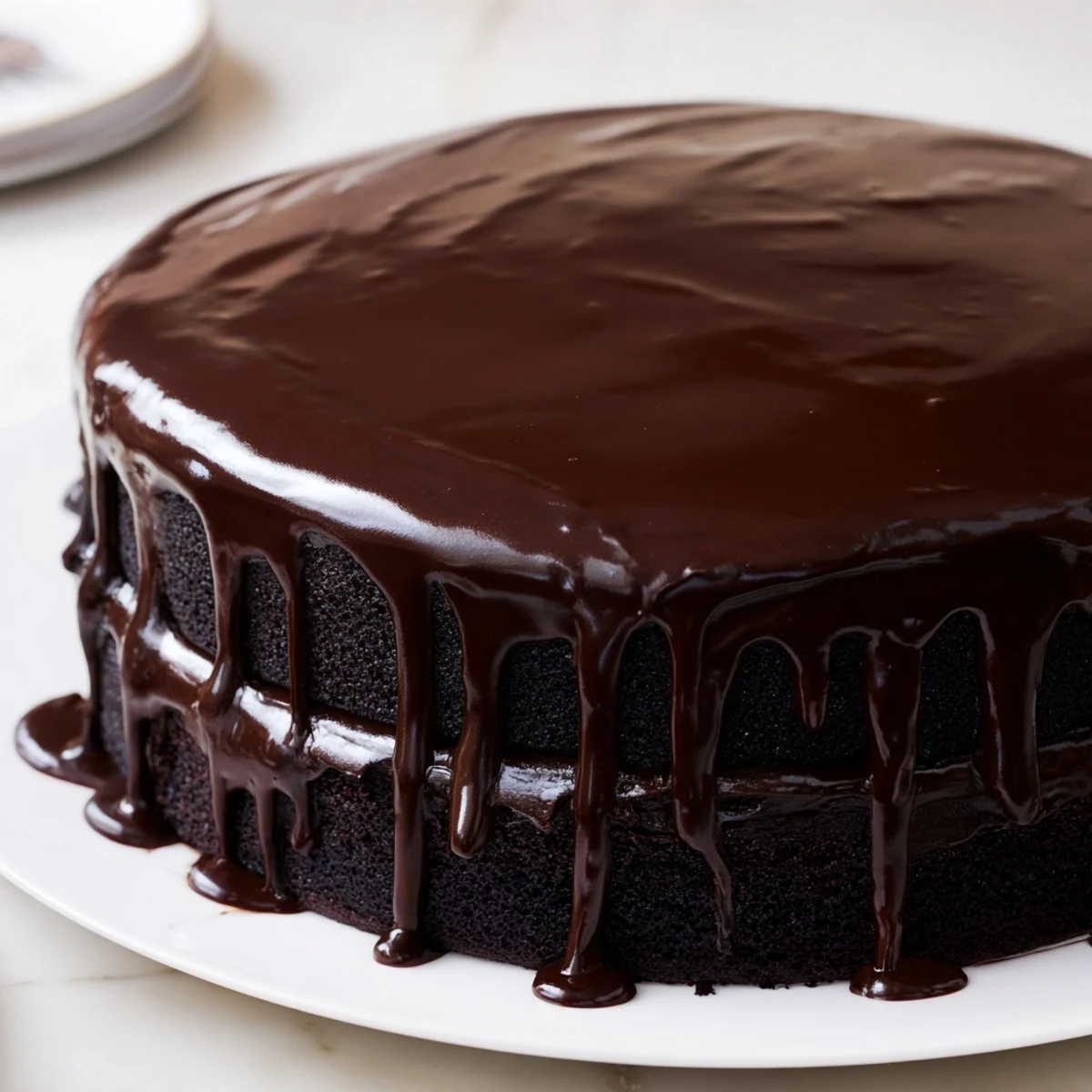 Decadent chocolate cake with ganache, glistening and smooth, ready to grace any celebratory table.